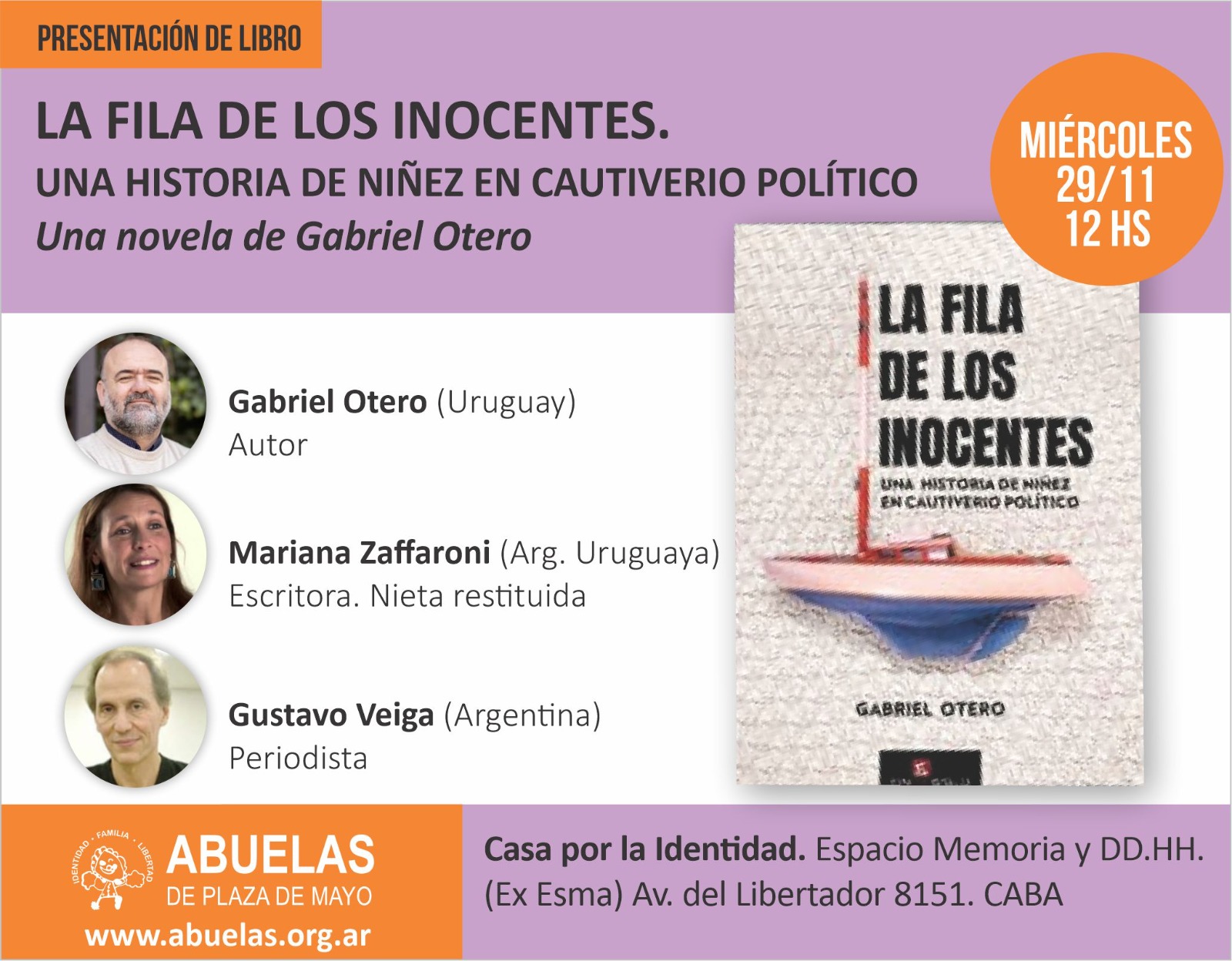 Invitamos a la presentación del libro “La fila de los inocentes” del uruguayo Gabriel Otero